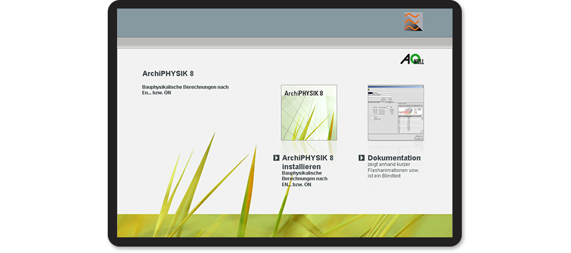 ArchiPHYSIK Startscreen, Screendesign, Umsetzung HTML, CD Zusammenstellung